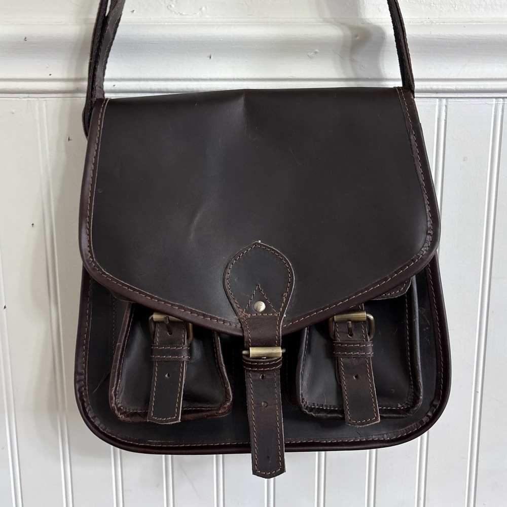 Brown Genuine Leather Satchel Messenger Bag Buckle Pockets Dark Academia